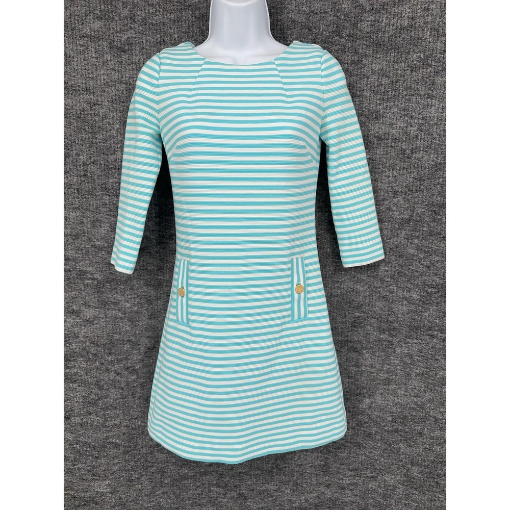 Lilly Pulitzer‎ Dress Womens XXS Blue Stripe Boat Neck 3/4 Sleeve Shift Pockets